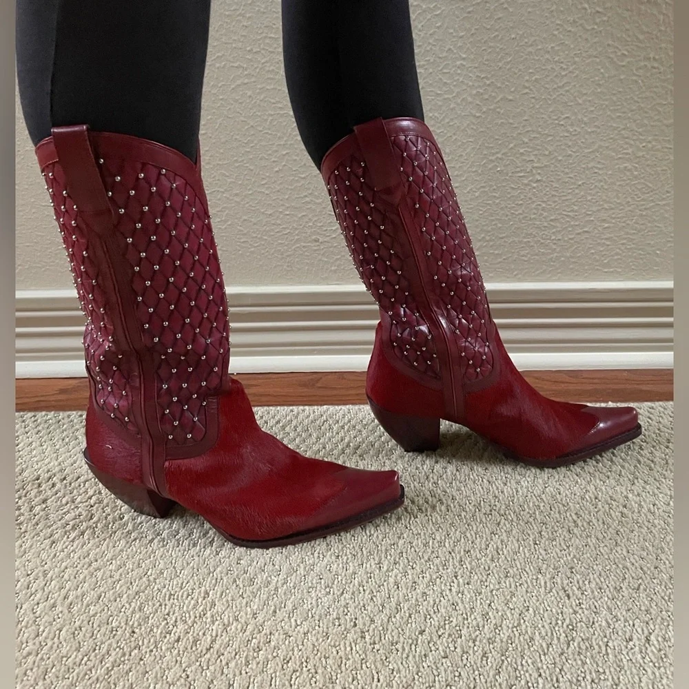 RARE Donald Pliner Ruby Red Hair On Hide Western Boots (8) - Picture 4 of 14